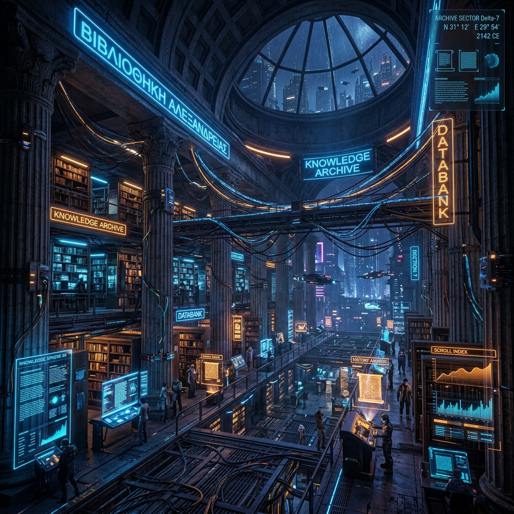 Biblioteca de Alejandría estilo Cyberpunk